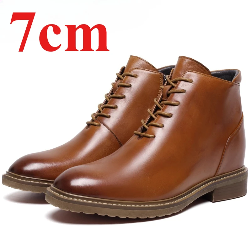 Retro High Top Boots Shoes Men's 7cm Height Increasing Shoes Genuine Leather Hand-sewn Zipper Comfortable Business Casual Boots