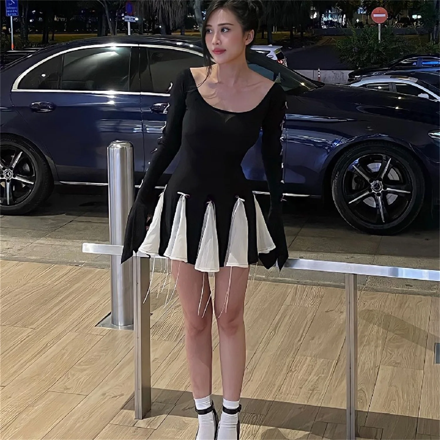 

EINY Lace Up High Waist Dress For Women Folds Splice Bodycon Mini Dress Hot Girls Street Slim See Through Dresses Woman Outfits
