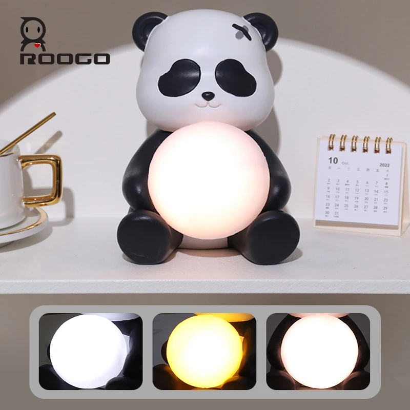 

ROOGO New Design Cute Panda Night Light for Bedroom Resin Cartoon Animal Statues Home Decor 3 Colors Desktop Light for Children