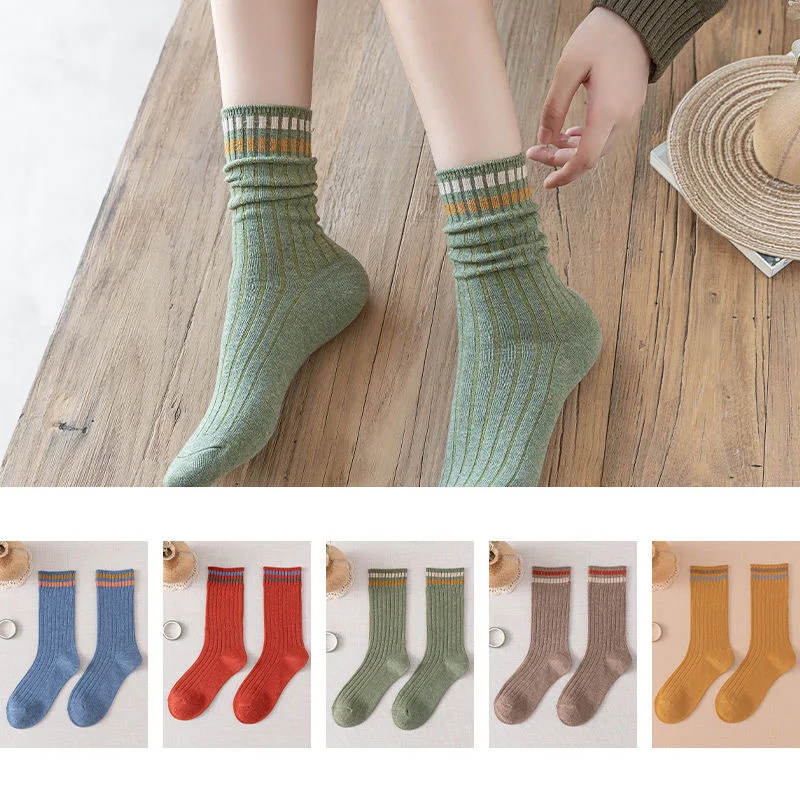 5pair/Lot Women Long Socks School Spring Autumn Knitting Striped Polyester Cotton Middle Tube Loose Sock Breathable Calcetines
