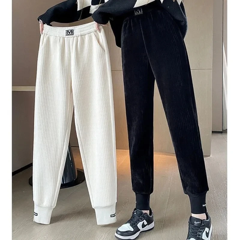 

Autumn Winter Fashion Casual Solid Fleece Sports Pants For Women High Waist Loose Harem Trousers Female Warm Corduroy Sweatpants