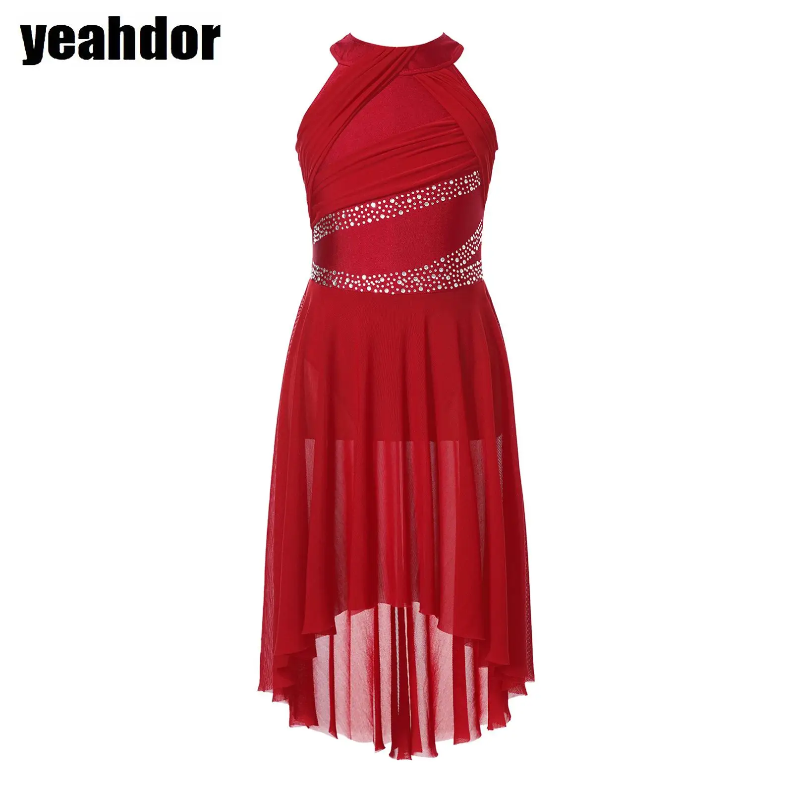 

Girls Modern Lyrical Dance Dress Sleeveless Rhinestone Floral Sheer Mesh Figure Skating Gymnastics Ballet Leotard Dress Costume