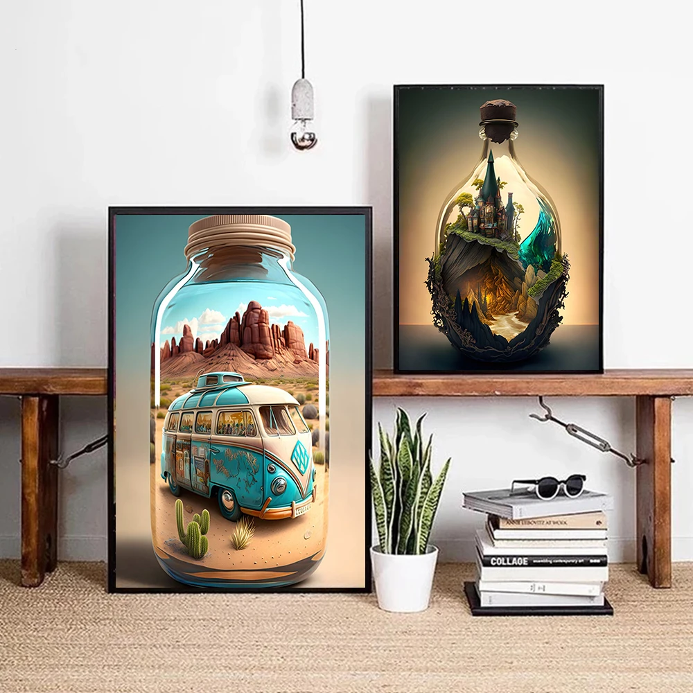 Modern Hot Air Balloon House in Bottle Canvas Printed Mural Pop Poster Art Ideal Living Room Bedroom Home Decor Pictures Cuadros