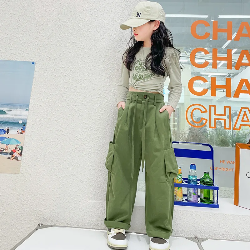 Spring And Autumn New Girl\'s Retro Army Green Cargo Pants High Waist Showing Thin Loose Sports Casual Wide Leg Trousers 6-14 Y