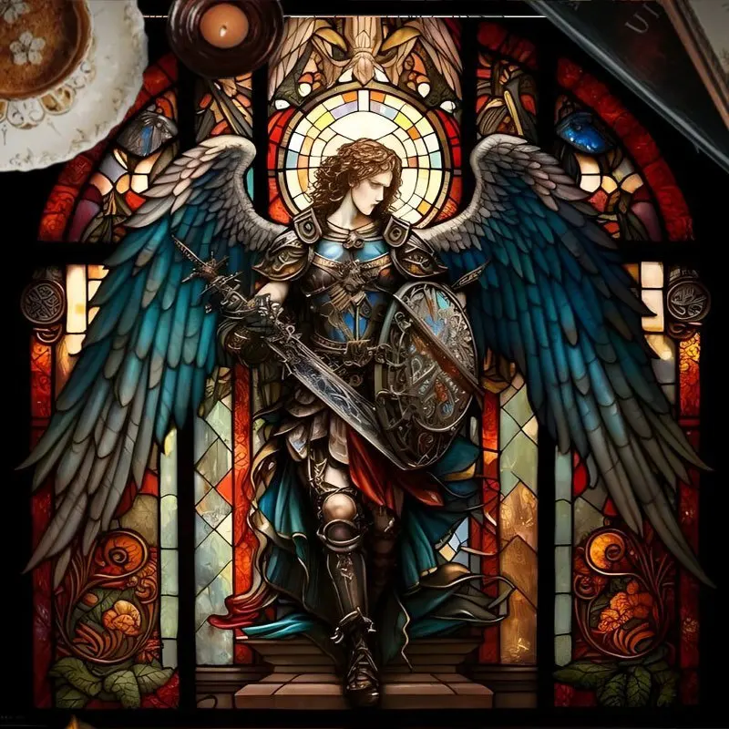 Paño de Tarot de Vitral de San Miguel Arcángel, Paño de Altar Gótico de Ángel Guerrero para Protección Espiritual, Adivinación y Brujería