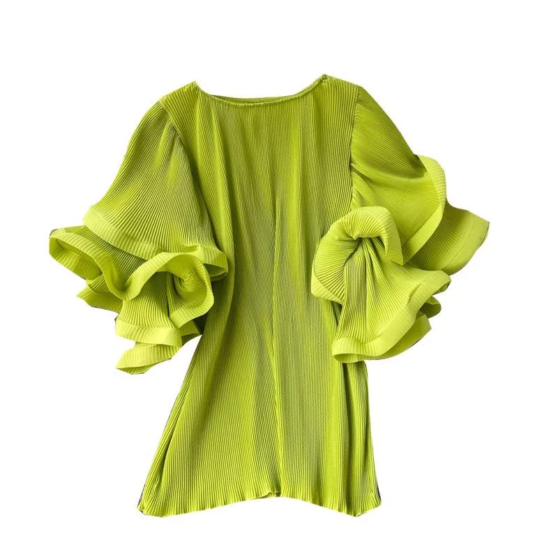 Women Pleated Ruffles Sleeve Shirt Ins Design Chiffon Female Soild Tops New Tide Blouse Hot Sale