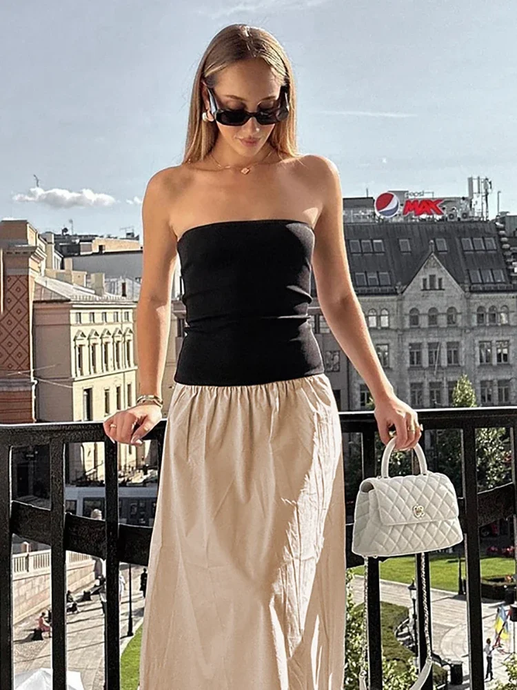 DSMTRC Female Summer Skinny Elegant Streettwear Vestidos Patchwork Sexy Strapless Women Maxi Dress Khaki Backless A-line Dress