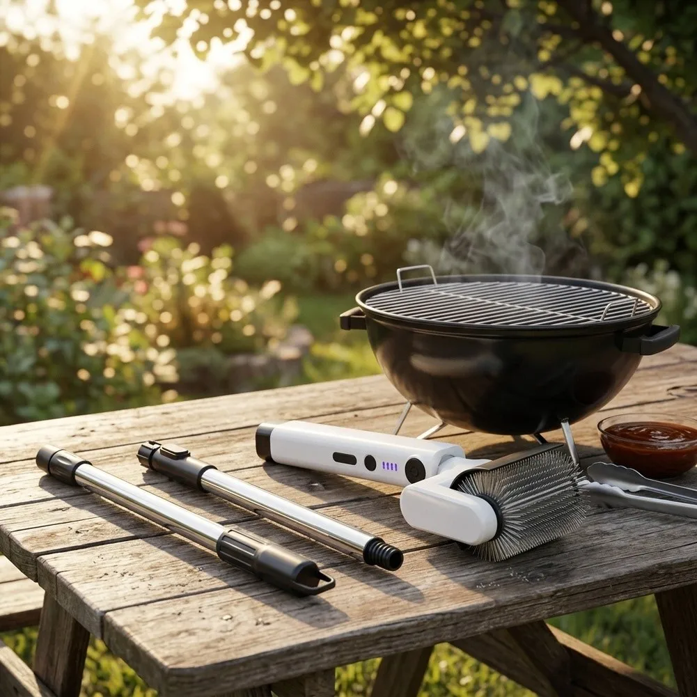 for Power Cordless Electric Grill Brush with 3 Removable Rollers and Adjustable Extension Pole for All Standard Grill Types