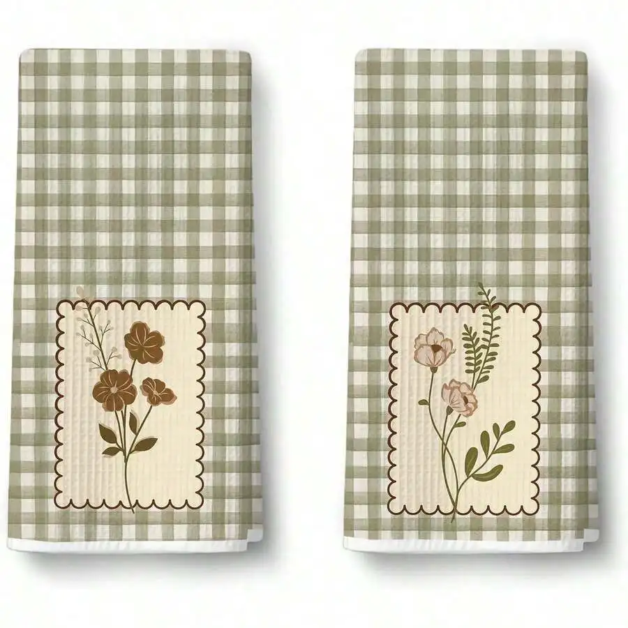 Pack of 2, sage green checked kitchen towel for countertop wiping, scalloped ruffle floral rag