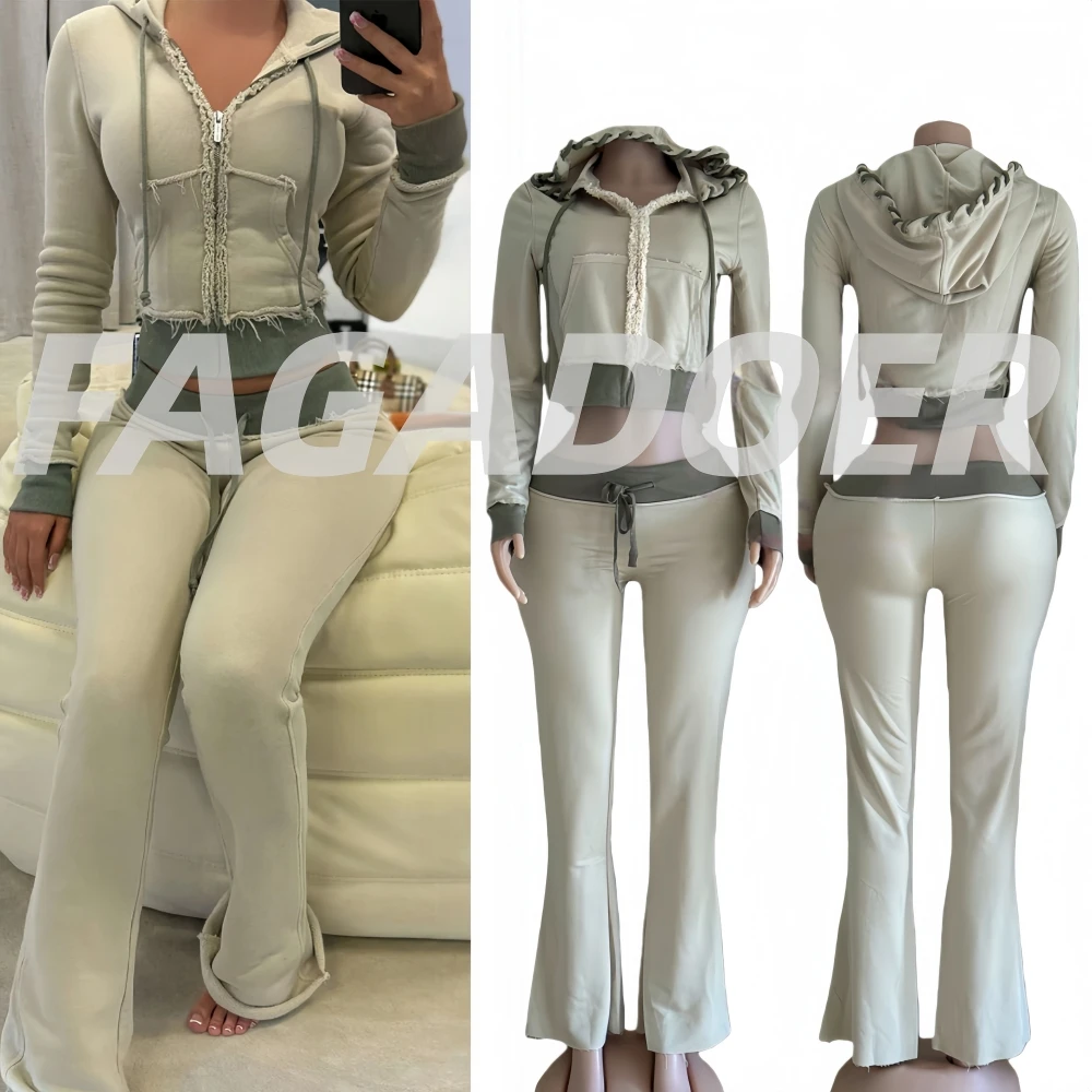 

FAGADOER Fashion Two Piece Outfits Womans Solid Color Long Sleeve Hooded Crop Jacket and Pants Matching Female Streetwear New