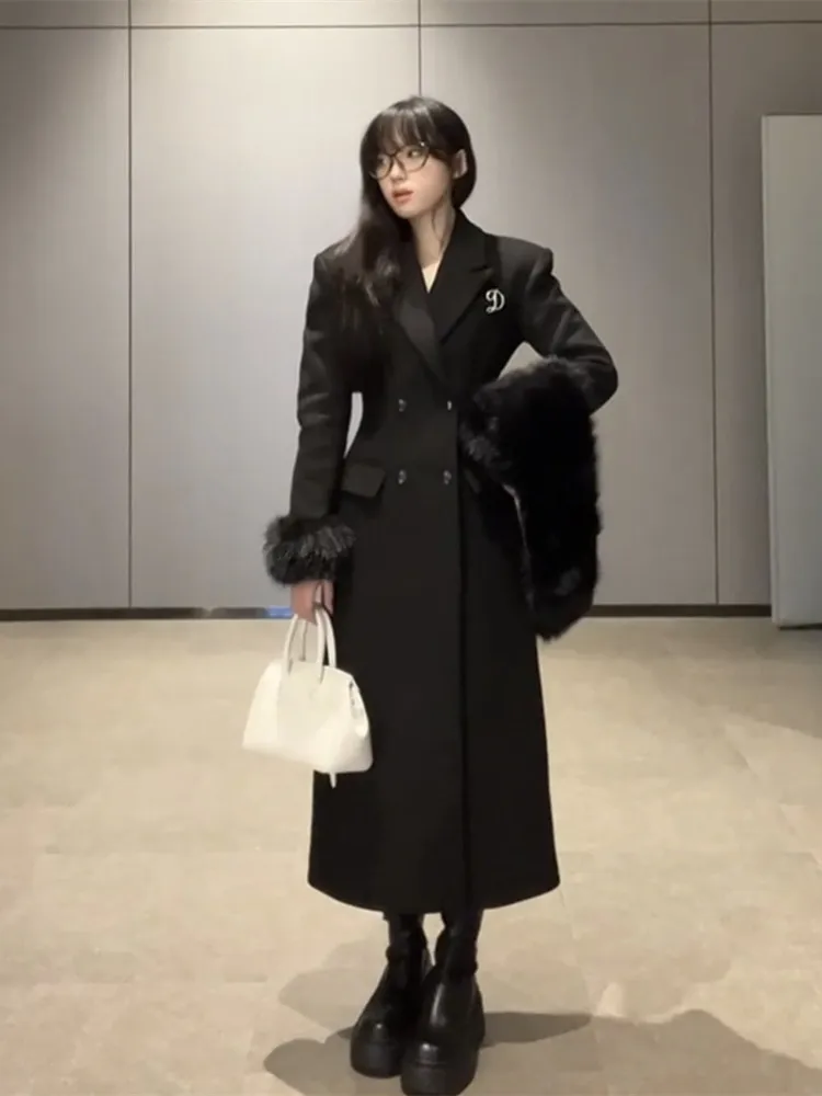 Ele longo casaco de lã para mulher com gola de pele fino ajuste coreano sle commute inverno outerwear na altura do joelho único botão