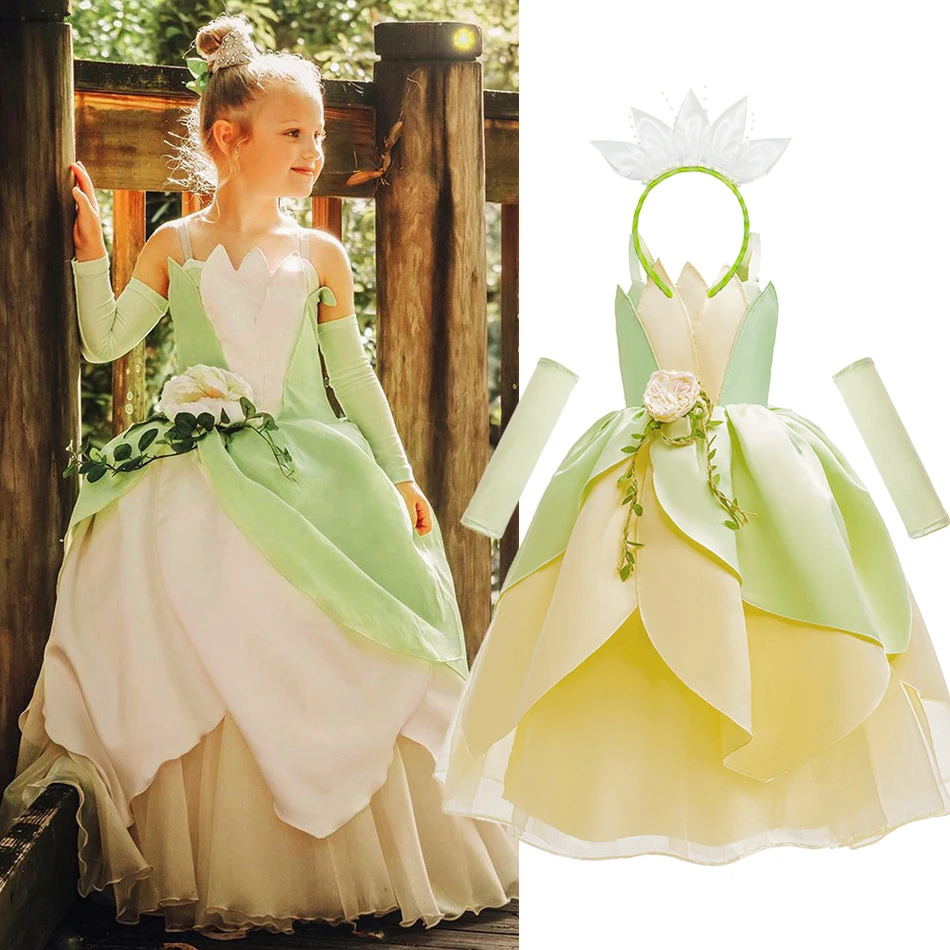 

Tiana Luxury Dress Girl Princess Dress Fairy Tale Frog Prince Performance Costume Halloween Costume Evening Party Gowns 3-10Y