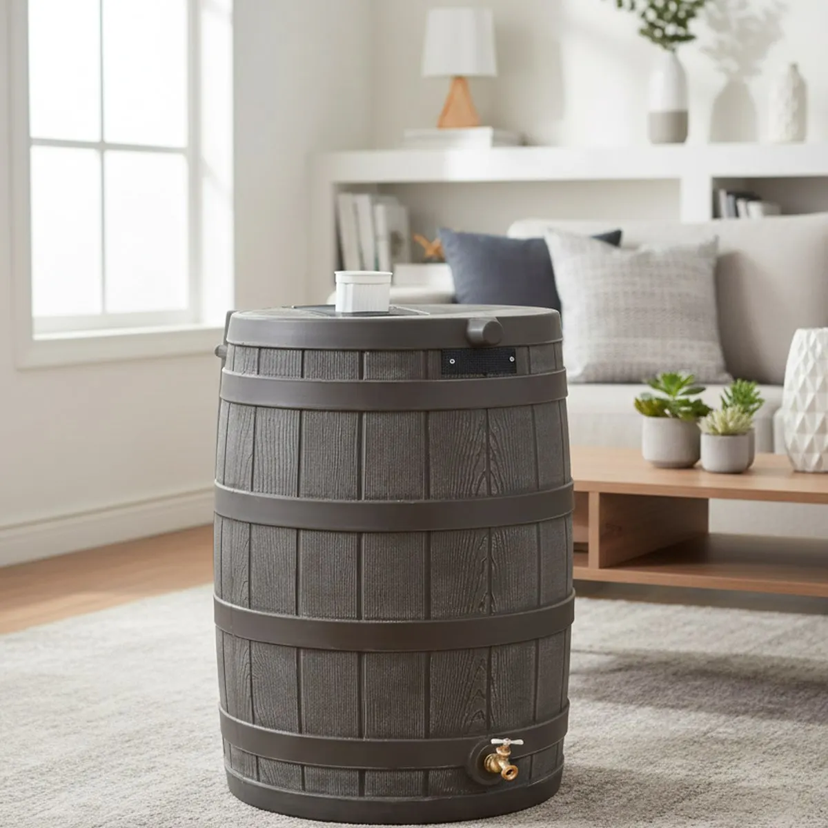 50 Gallon Oak Rain Barrel Faux Wood Outdoor Home Rainwater Storage Collector with Metal Spigot