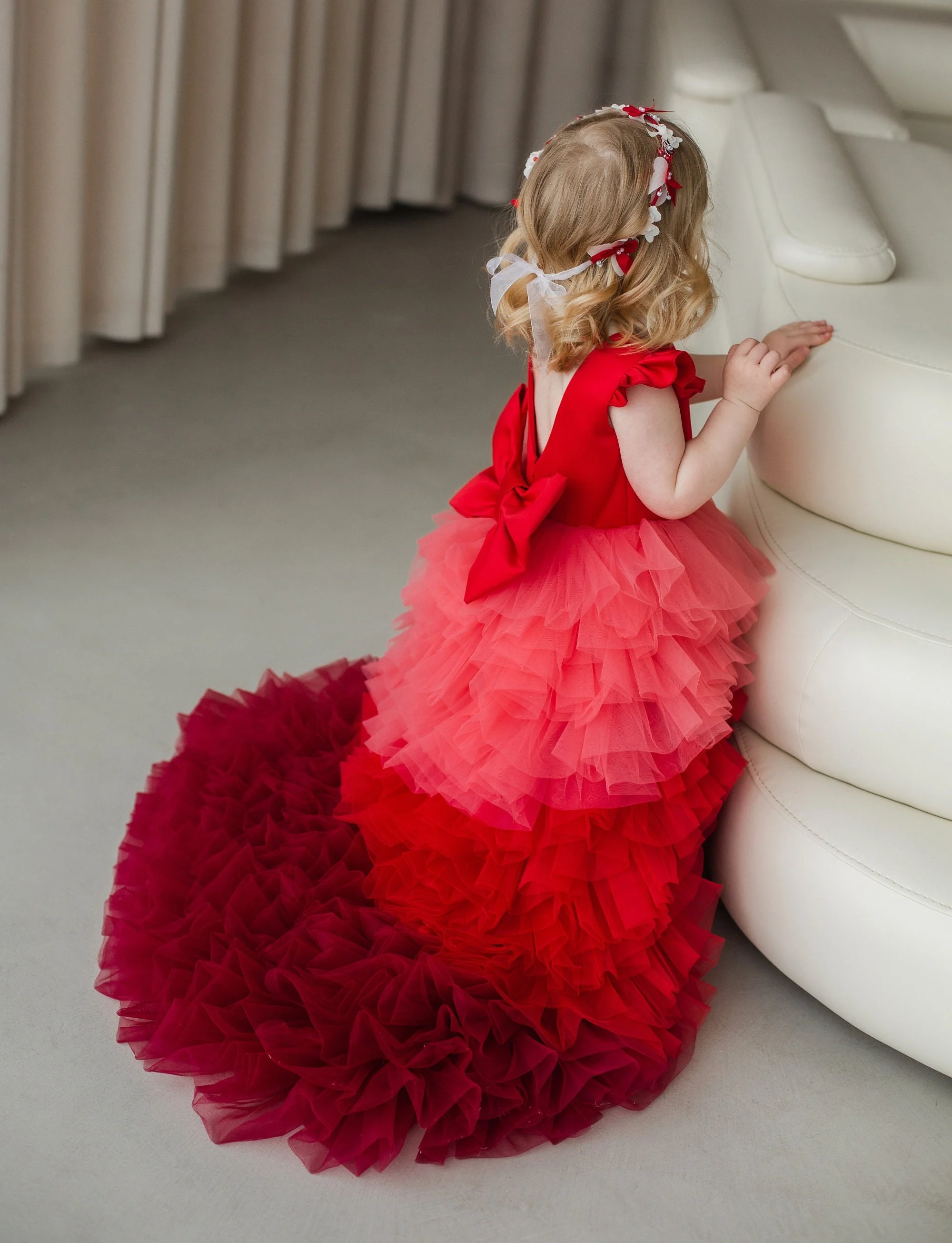 Magnifique robe de demoiselle d'honneur pour mariage, tulle moelleux, blush rose, première année, fête d'anniversaire, robe de bébé fille avec train