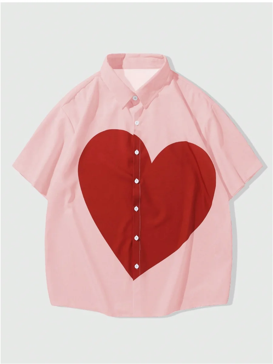 2025 Summer Shirt Men Hawaiian Men Short Sleeve Love Button Lapel Shirt Print Men Beach Travel Leisure Oversized S-5XL