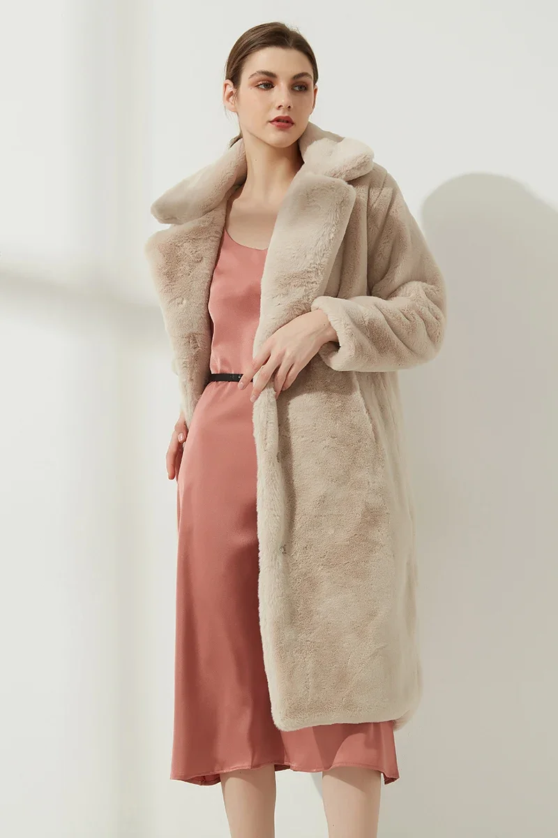 Manteau long en fausse fourrure de lapin pour femme, pardessus d'hiver de luxe, veste à revers respirante, ceinture, peluche, grande taille