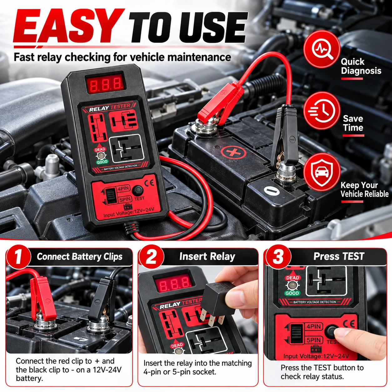 배터리 클램프가 포함된 자동차 릴레이 테스터, 12V  - Car Diagnostic Tool 리뷰 및 가격