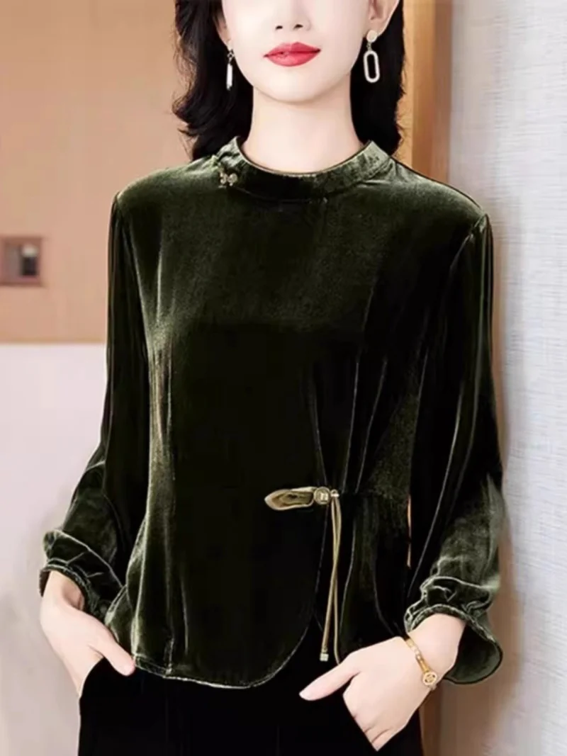 Golden Velvet Shirt Women's Long Sleeve T-shirt 2025 Autumn and Winter Bottom Mom High End Top Retro Loose Blouse w1833