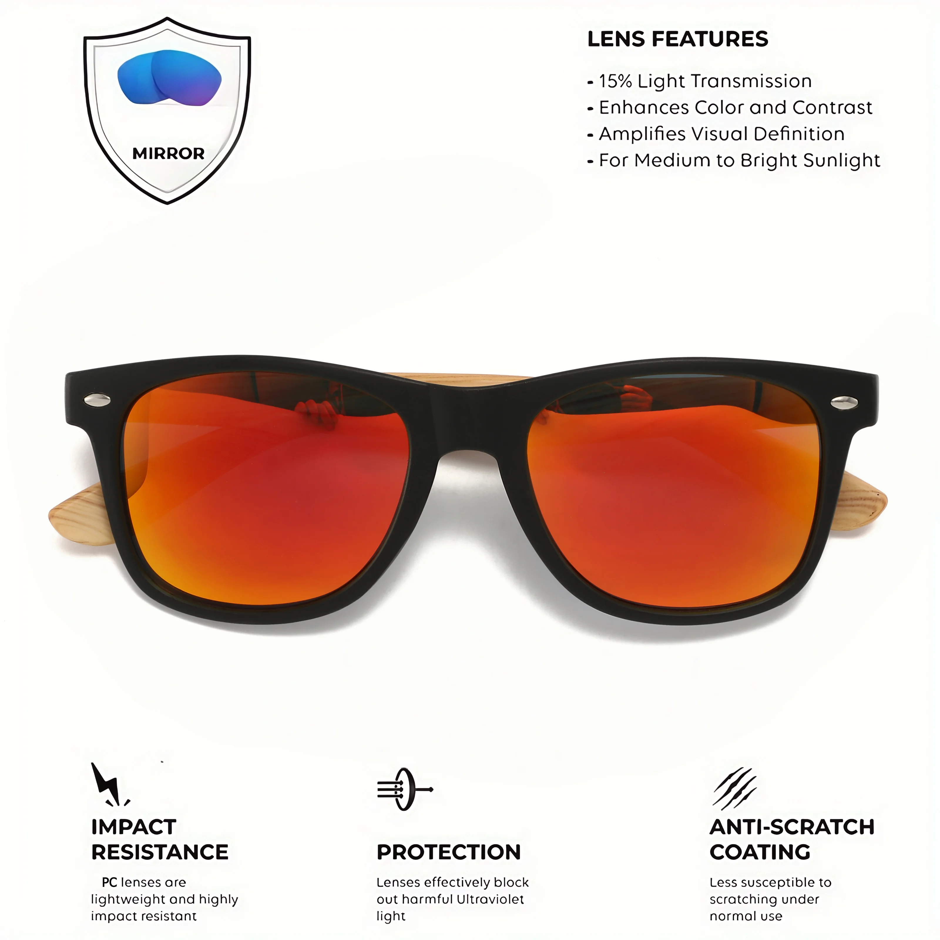 Classic Square Sports Sunglasses - Bamboo Texture Temples & Silver Rivets, UV400 Comfort Fit for Cycling, Fishing, Beach