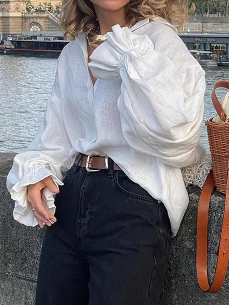 

Lemongor Women's Fashion See-Through Pleated Puff Sleeves Lapel Blouses 2025 New Solid Color Loose Casual Office Shirts Tops