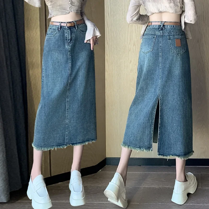 

High-waisted Split Denim Skirt Women's 2024 Autumn and Winter New Style Small Burr A-line Skirt Hip Skirt with Belt