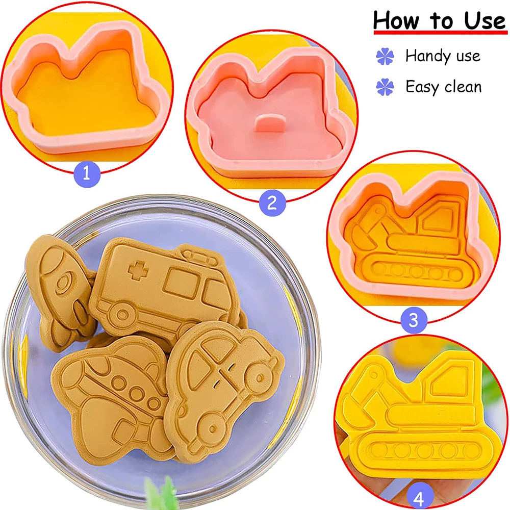 8Pcs Set Cookie Cutter Stamp Aircraft, Cars,Vehicle Cartoon Pressable Biscuit Mold Confectionery Baking Pastry Tools