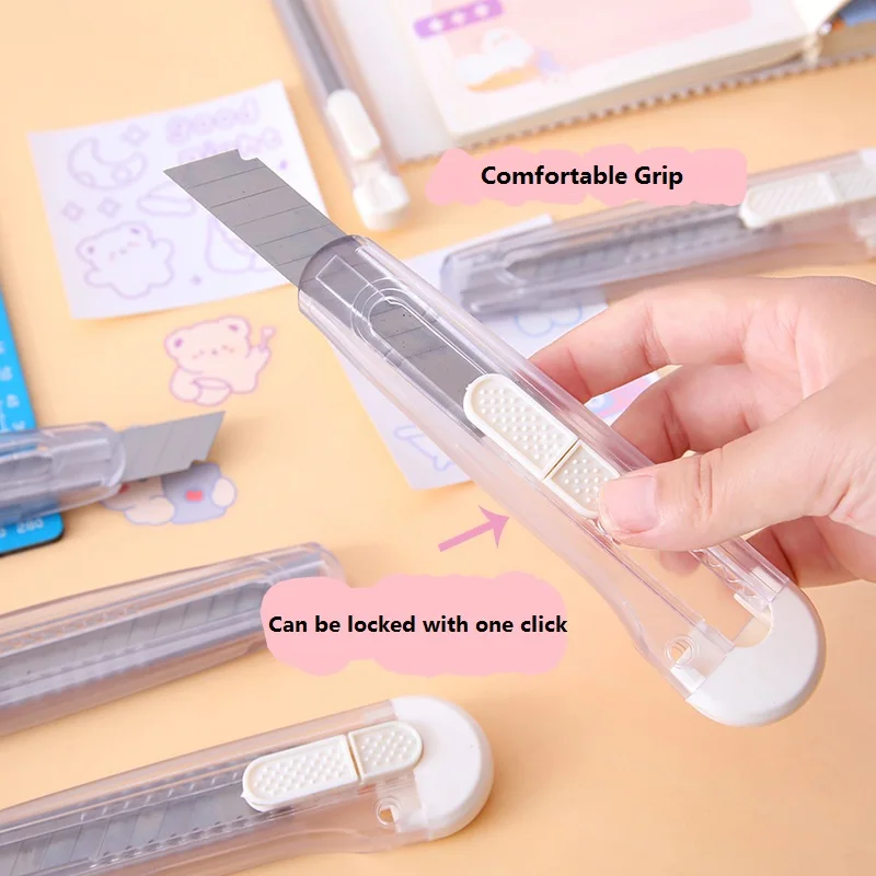 30° Transparent Utility Knife 9mm/18mm Blade Retractable Paper Cutter Knives DIY Handicraft Carving Cute Stationery Art Tool