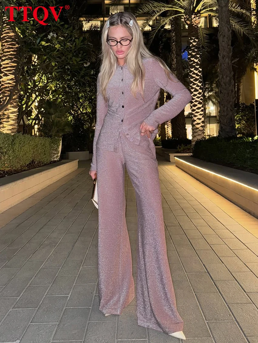 

TTQV Fashion Loose Pink Two Piece Outfits Woman 2026 Spring Long Sleeve Shirt With High Waist Wide Pants Set Female Clothing