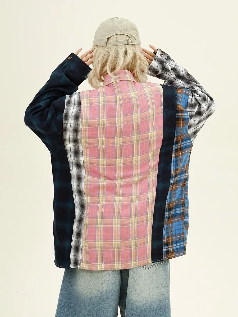 Cartoon Plaid Splicing Long-sleeved Shirt Autumn New Loose Bf Japanese Retro Top Trendy Girl 2024