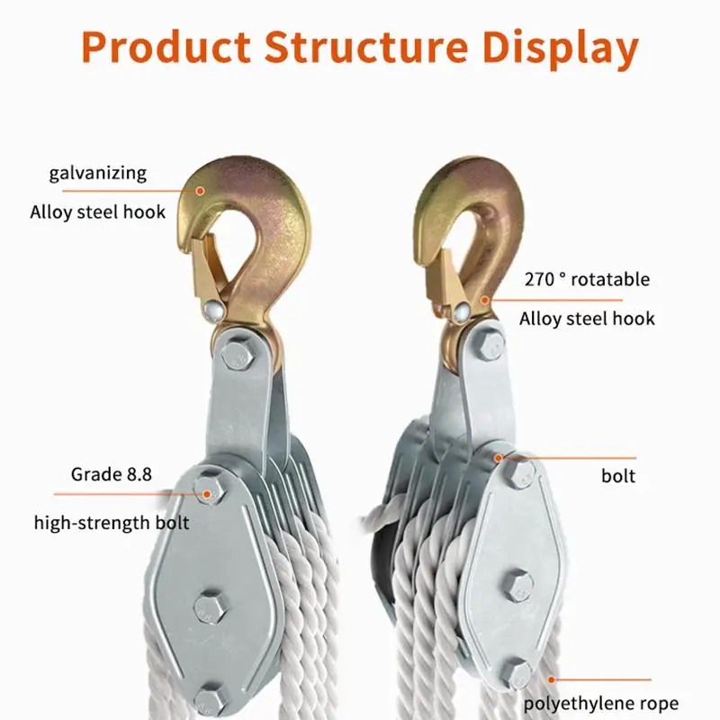 Handheld Crane Heavy Duty Polyethylene Rope Pulley Hoist 270° Rotatable Rope Pulley Block Zinc Alloy Hook Manual Lifting Device