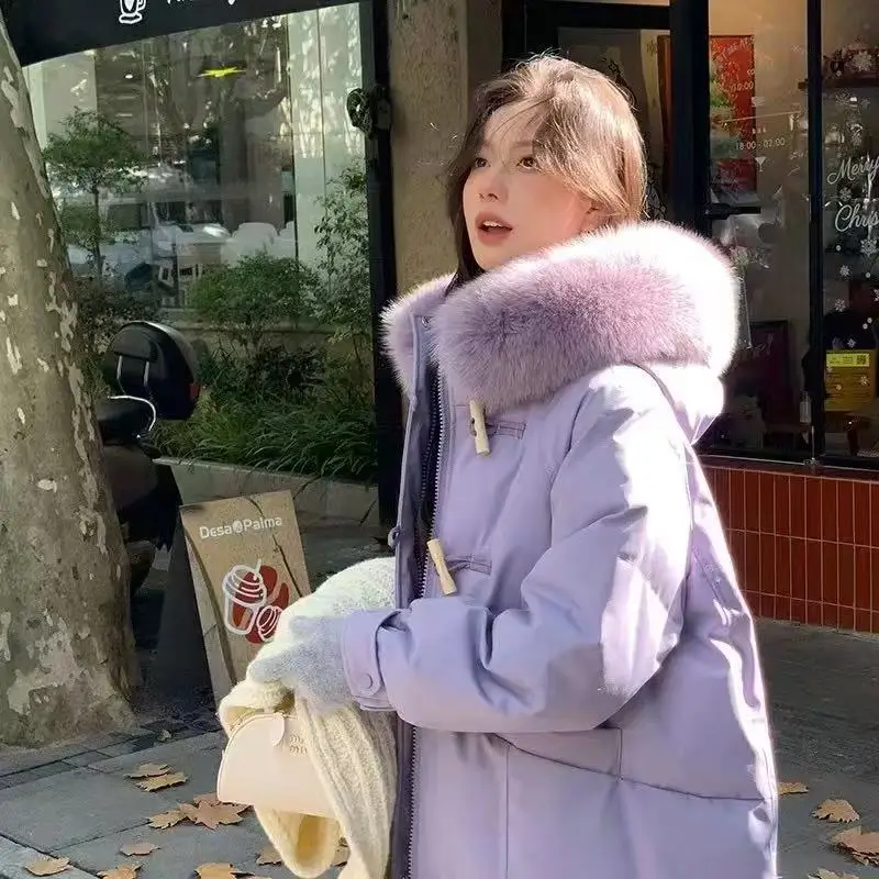 سترة نسائية جديدة لخريف وشتاء 2025 بتصميم متوسط إلى طويل بلون سادة فوق الركبة النسخة الكورية السميكة #4