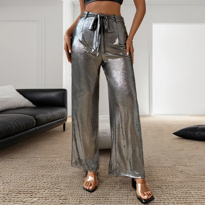 

New Summer Women's Straight Leg Pants with a Metallic Feel for Women