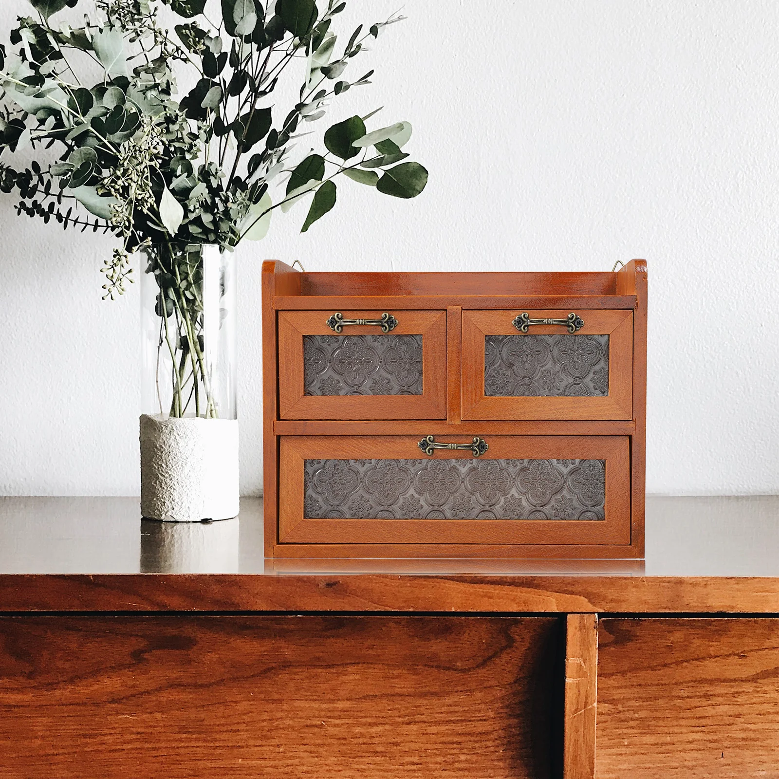 

Wooden Glass Cabinet Vintage Multi Storage Desk Bedroom Decor Display Rack Toy Shelf Round Head 3 DrawerFlower