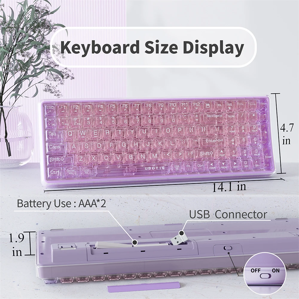 UBOTIE Transparent Purple Keyboard Bluetooth and 2.4GHz USB Cordless Full Size Bluetooth Keyboard for Mac IOS Phone Laptop