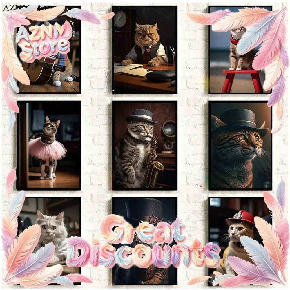 Cute Cat Portrait Photo Posters Gentleman Judge Gardener Musician Cat Neon Bar Wall Art Canvas Print Painting Home Decor