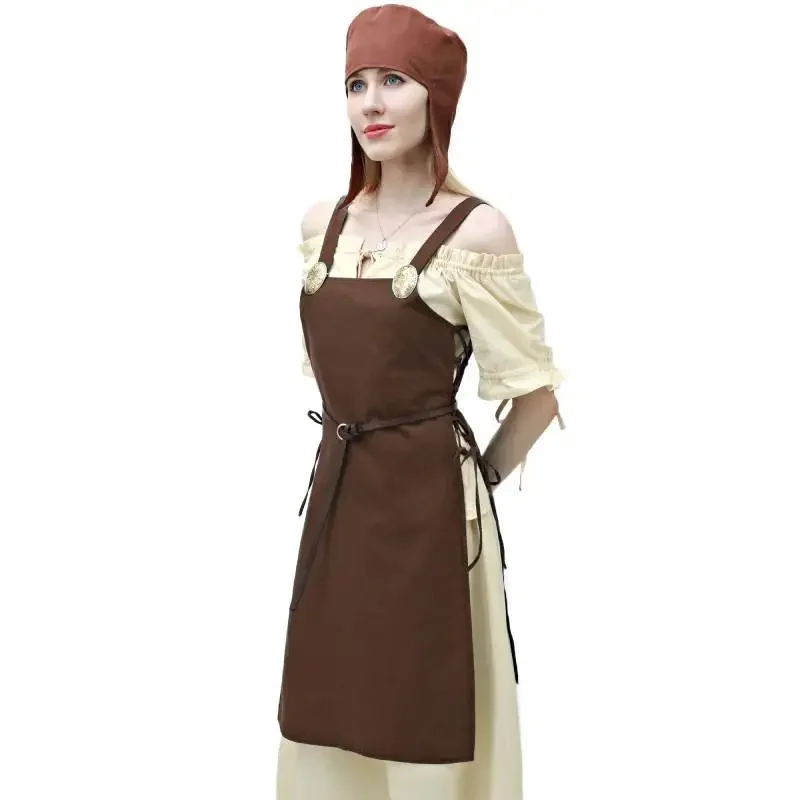 DAZCOS Women Medieval Strappy Apron Linen Side Lace Up Over Dress with Vintage Brooches and Belt Retro Viking Costume