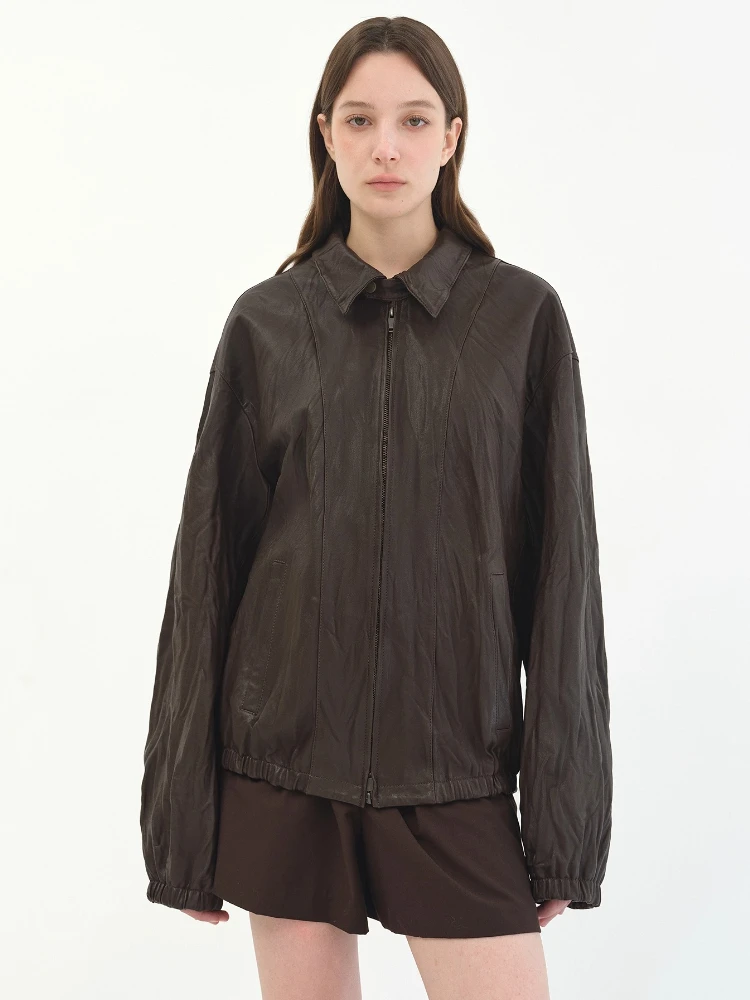 Vintage Echtes Leder Jacken für Frauen Frühling Herbst High-end Einfache Falten Textur Design Lose Beiläufige Echte Schaffell Mantel