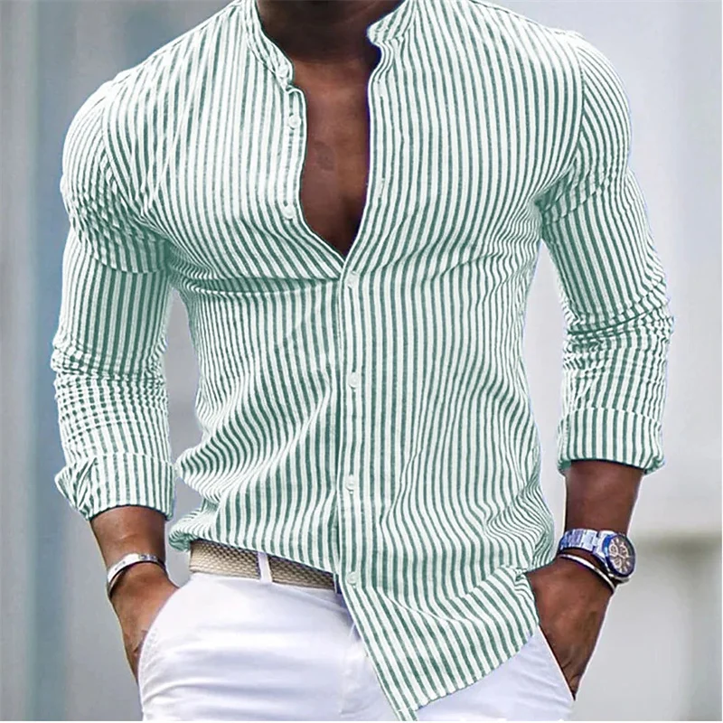 Men\'s button-up shirt Summer Beach shirt Long sleeve striped stand collar Hawaiian Holiday Print clothing Fashion classic casual