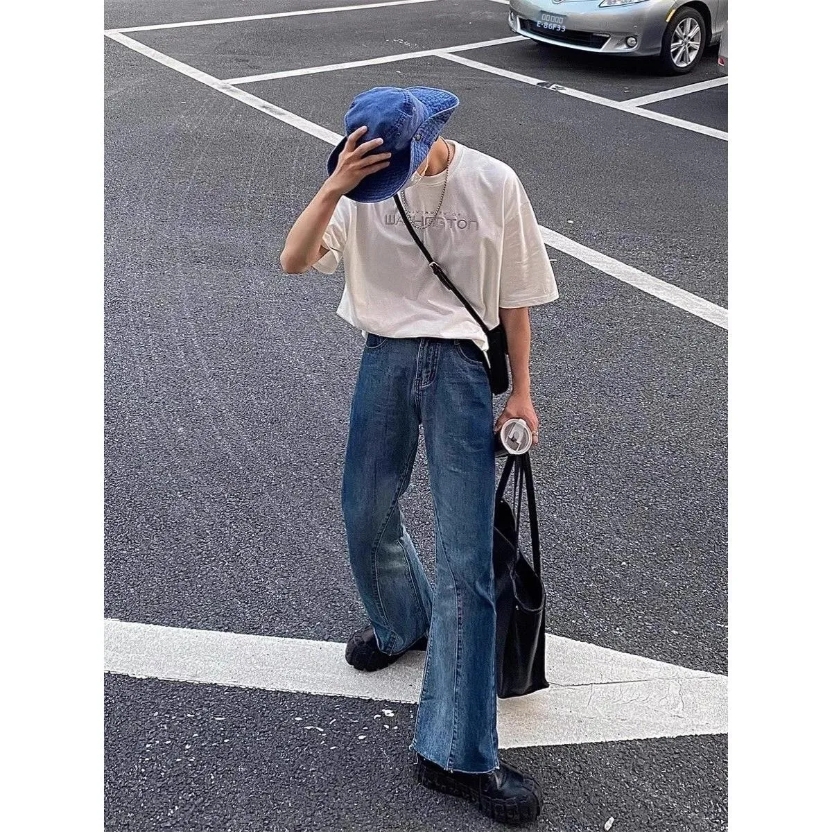 

Retro Men's Jeans Gradient Dyed Slim Straight Leg Micro Flared Pants Spring Autumn New Style Torn Long Design Sense