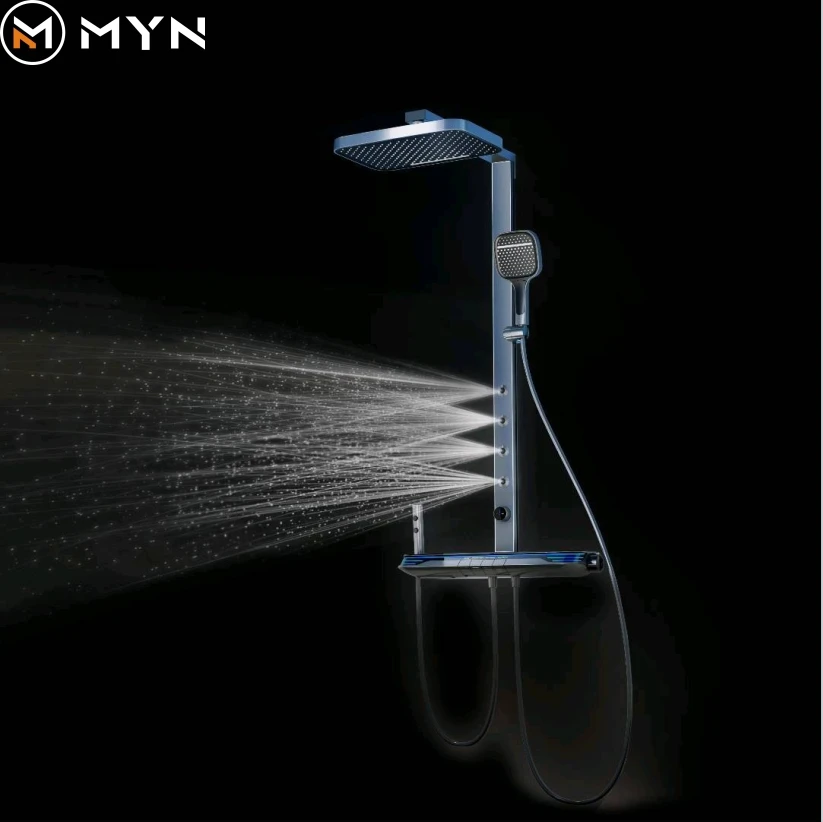 Tiktok Trend Gun Matel White Color Smart Led Back Waist Massage Shower System Exposed Wall Mounted Bathroom Faucets Shower Set