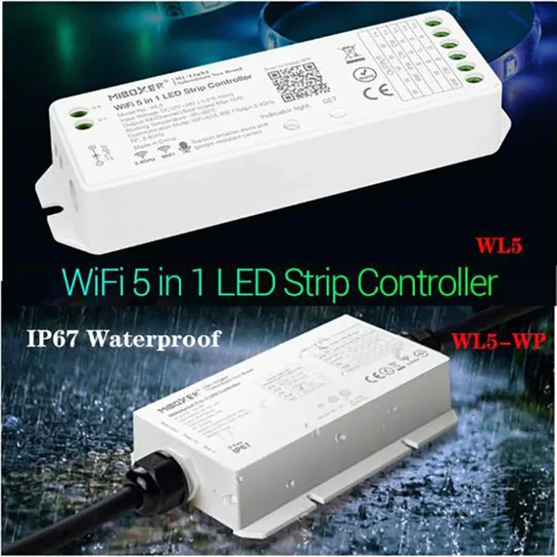 Miboxer (WiFi+2.4G) 5 in 1 LED Controller Waterproof IP67 WL5-WP/Non-waterproof WL5 Smart LED Strip Controller DC 12V-24V