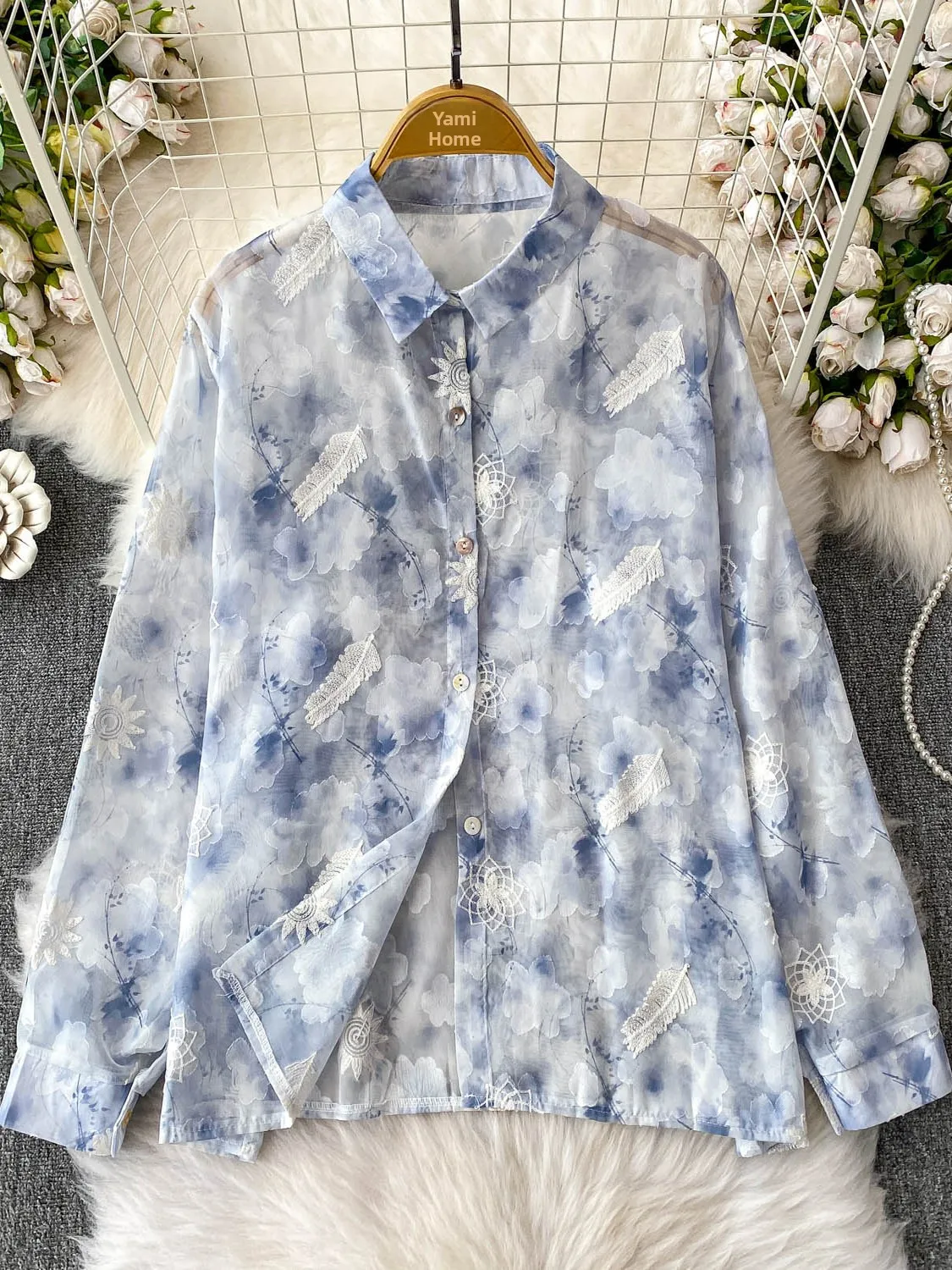 

2025 New Design Loose Casual Long Sve Sun Protection irt Feather Embroidery Print Thin Chiffon Slimming Top Korean Sle