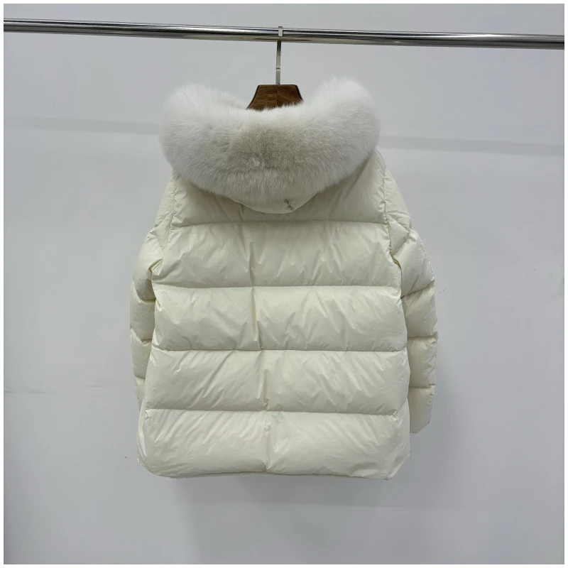 Schinteon feminino 100% gola de pele de raposa real pato branco para baixo jaqueta com capuz outono inverno quente casual a-forrado quente outwear capa