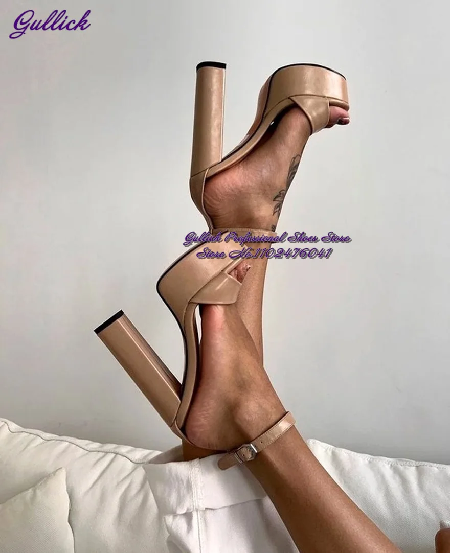 Gullick Nude Black Chunky Heel Sandals High Platform Open Toe Buckle Strap Dress Shoes Elegant Concise Banquet Pump Size46