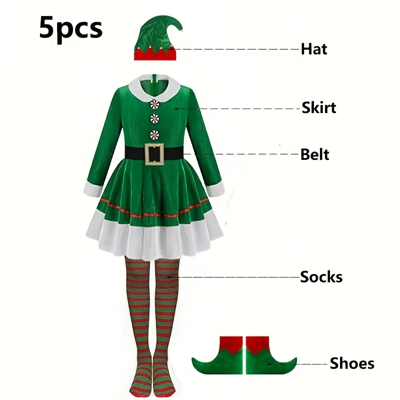 5pcs Christmas Elf Costume Set for Women Fleece Lined Hooded Princess Dress Winter Elf Role Play Fantasy Outfit Halloween Party