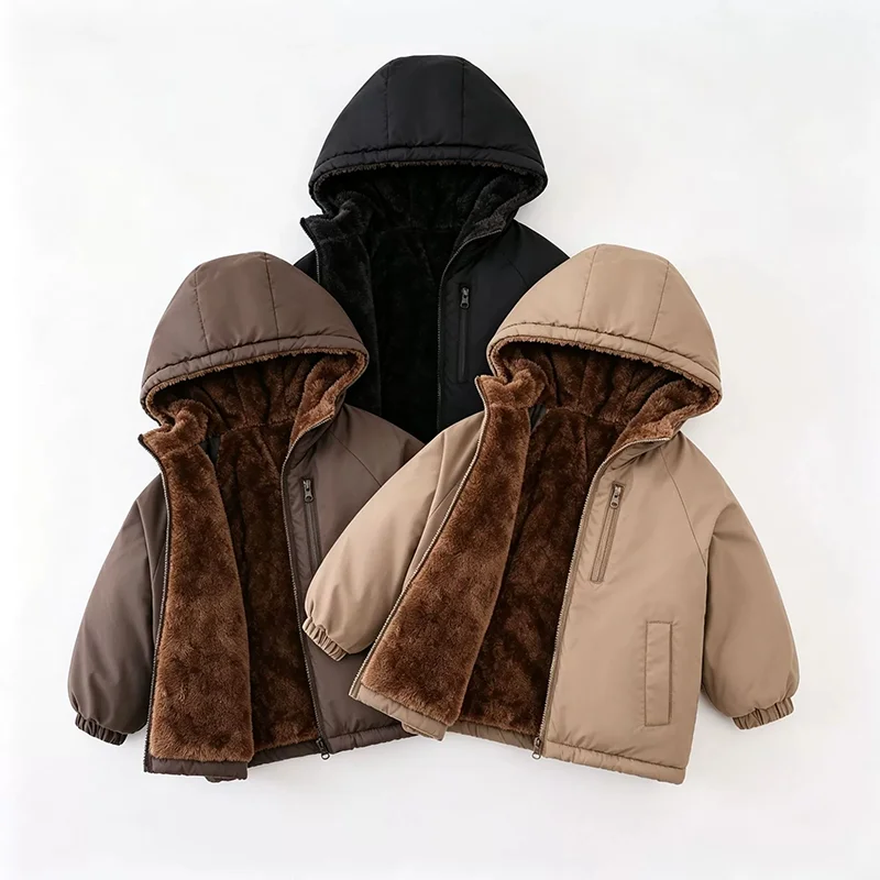  Doppelseitige Fleece-Kapuzenjacken für Kinder, Herbst und Winter, einfarbig, dick, warm, Daunen-Baumwollmantel für Jungen und Mädchen von 3–8 Jahren