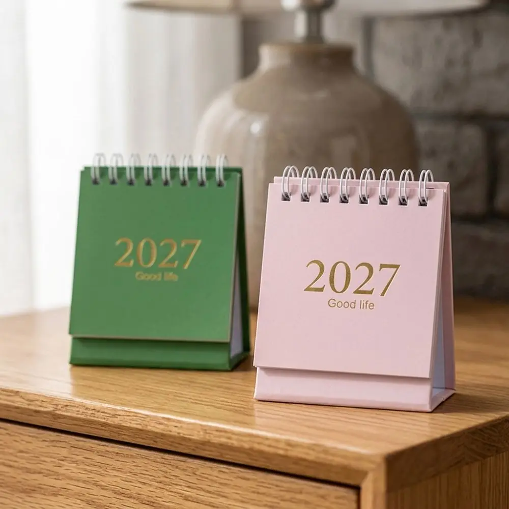 Simple 2027 Mini Desk Calendar Stand-Up Thick Paper Gold Foil Spiral Calendar with Stickers Daily Schedule