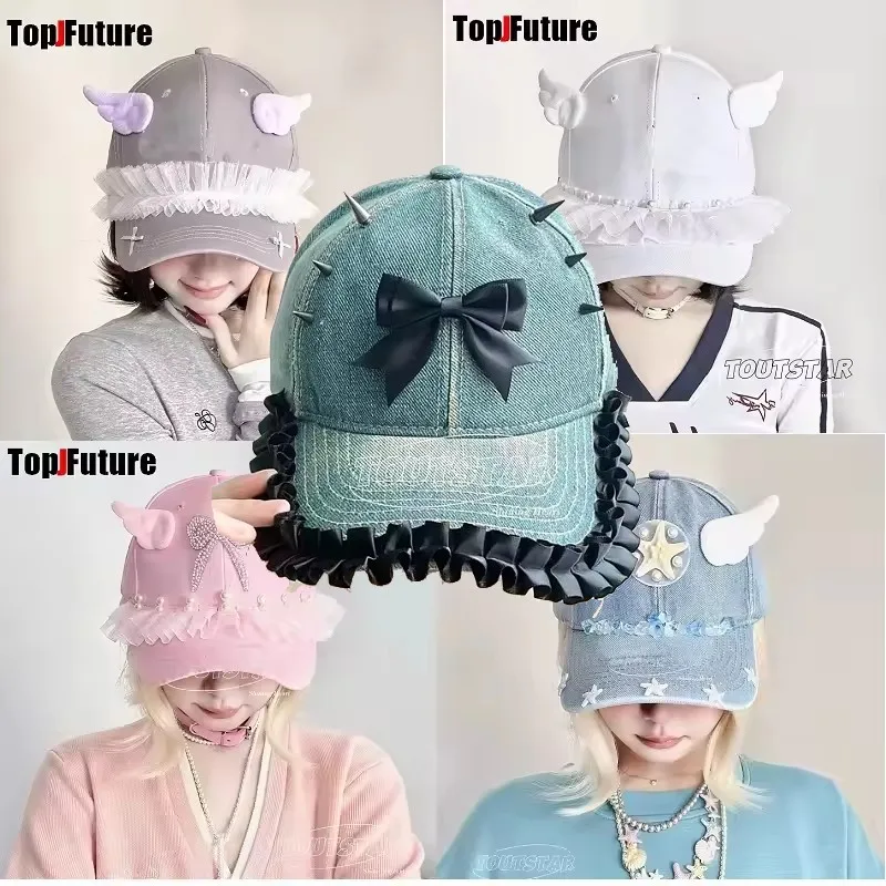 Primavera Verano ala de Ángel arco mujeres Harajuku Steampunk Y2K chica gótica Lolita sombrero volante encaje vaquero Spike sombrero para el sol gorra de béisbol