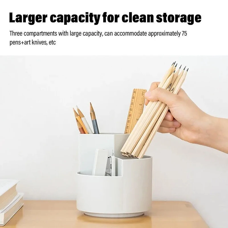 Large Capacity 360° Rotating Pen Holder Desk 3-Grid Pencil Storage Box Organizer Makeup Brush School Pen Stand Office Storage