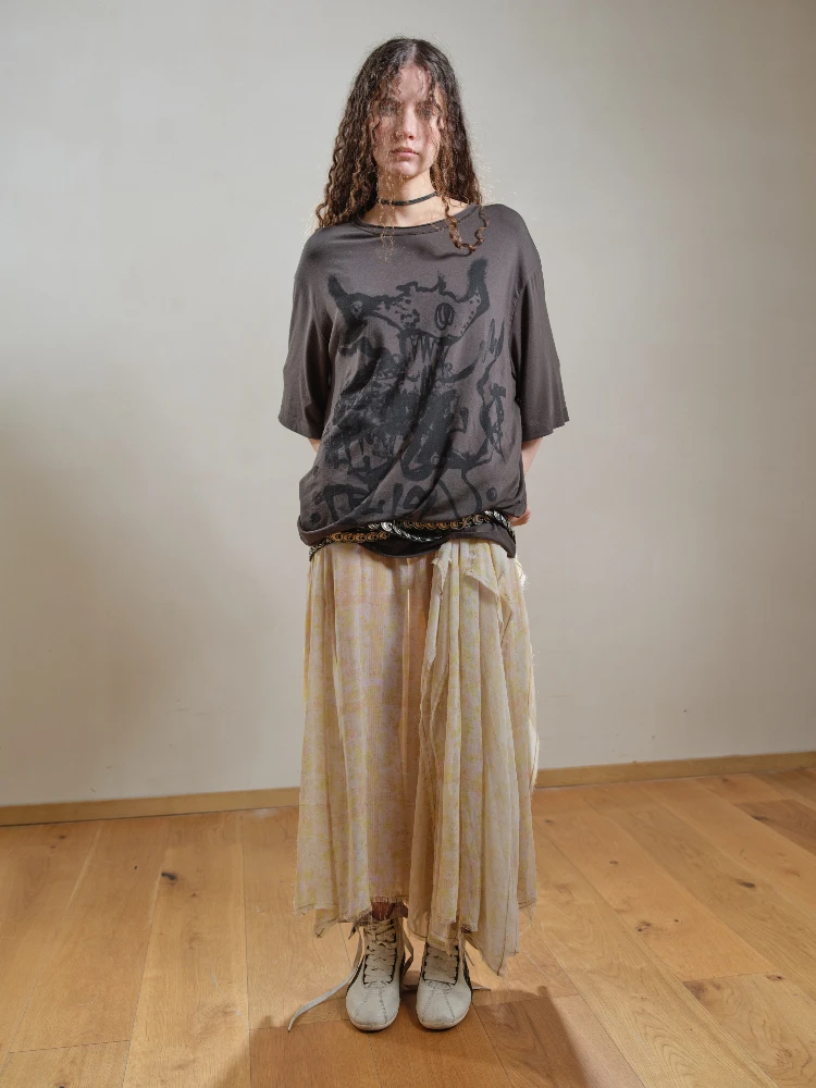 

Flowy f Skirt with Insertion Slit Floral And Plaid Print Cotton 00% Spring 2025 Women's Premium Faion Skirts